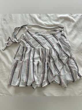 Lido white striped linen mini wrap skirt with ruffles and adjustable tie